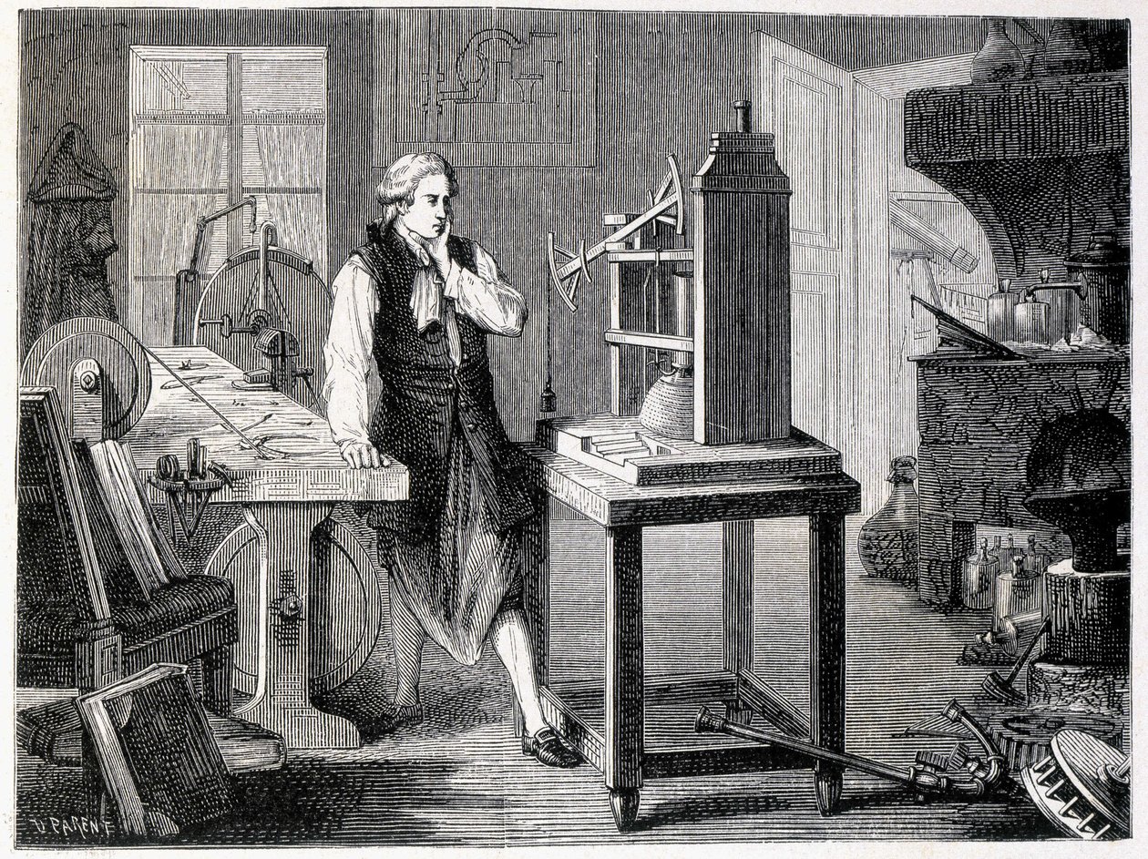 James Watt studerer perfektionen af Newcomens maskine (1767) - i "" Album of Science; berømte lærde; Store opdagelser”” 1896. af French School