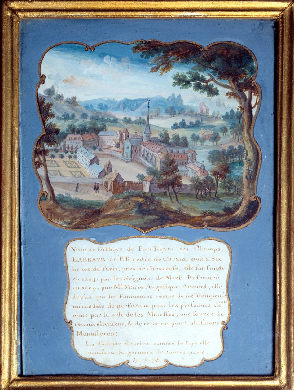 Jansenisme "" Perspektiv udsigt over klosteret Port royal des champs"". Udsigt over klostret Port-Royal-des-Champs). Anonym gouache fra det 18. århundrede. Port Royal, Musee Des Granges. af French School