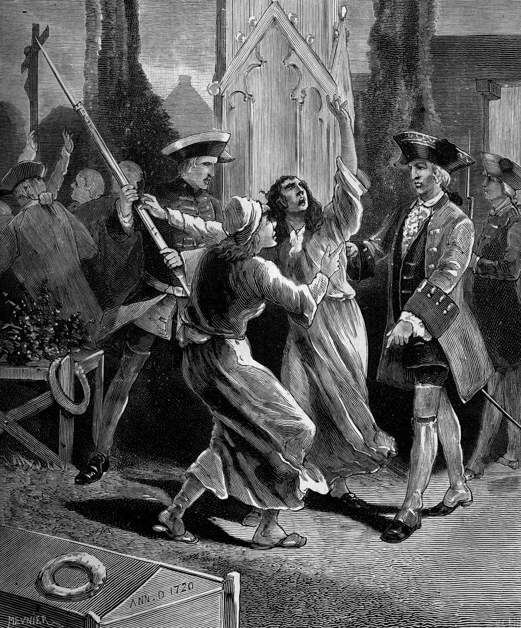 Jansenisme: kramperne (jansenistiske fanatikere) jager fra kirkegården Saint Medard under Ludvig XV. af French School
