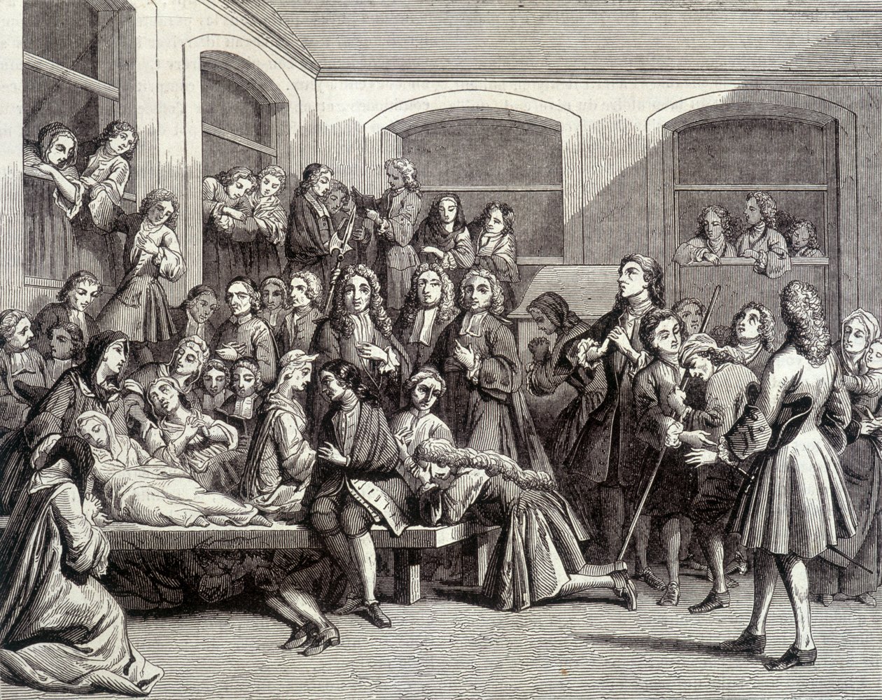 Jansenisme: krampetrækningerne på kirkegården Saint-Médard på graven af diakon Parîs (1690 - 1727), hvor "mirakler" fandt sted. 1700-tals tryk. af French School
