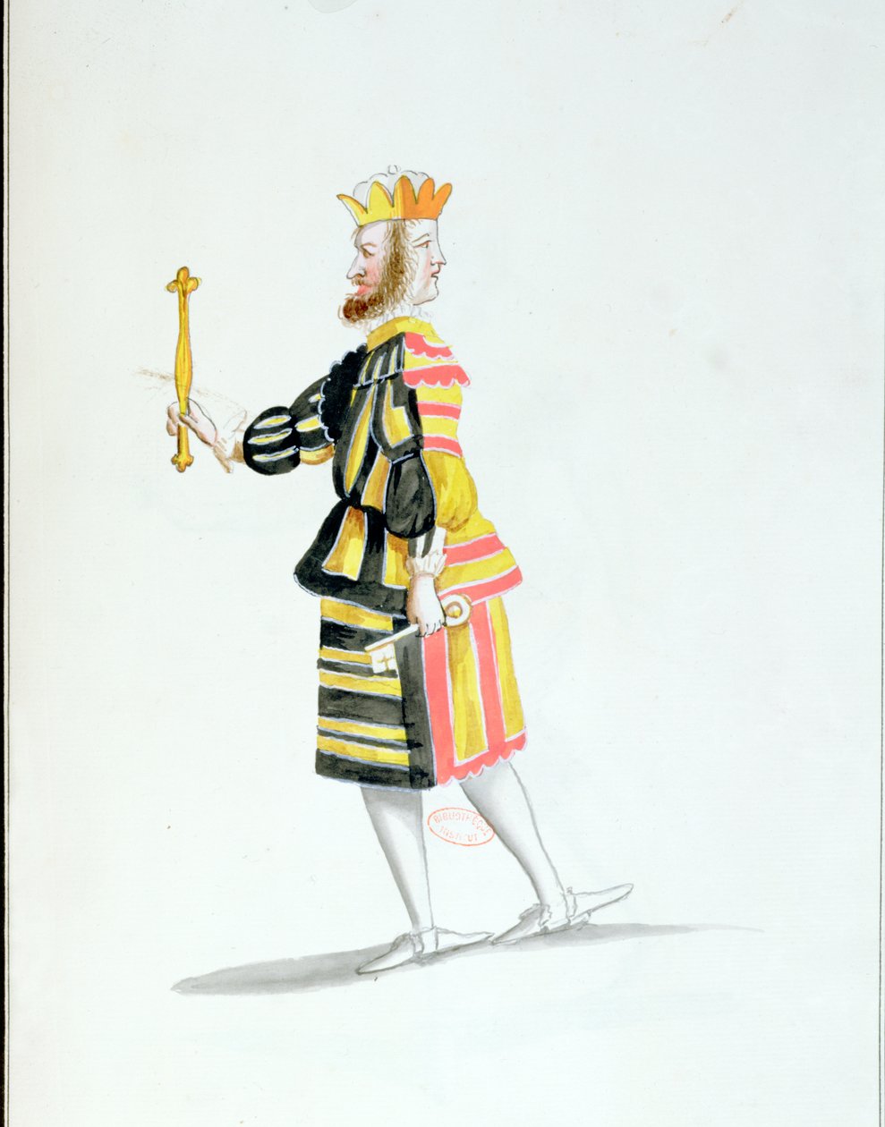 Janus kostume til Ballet de la Nuit af Jean-Baptiste Lully (1632-87) danset af Louis XIV, 23. februar 1653 (wc på papir) af French School