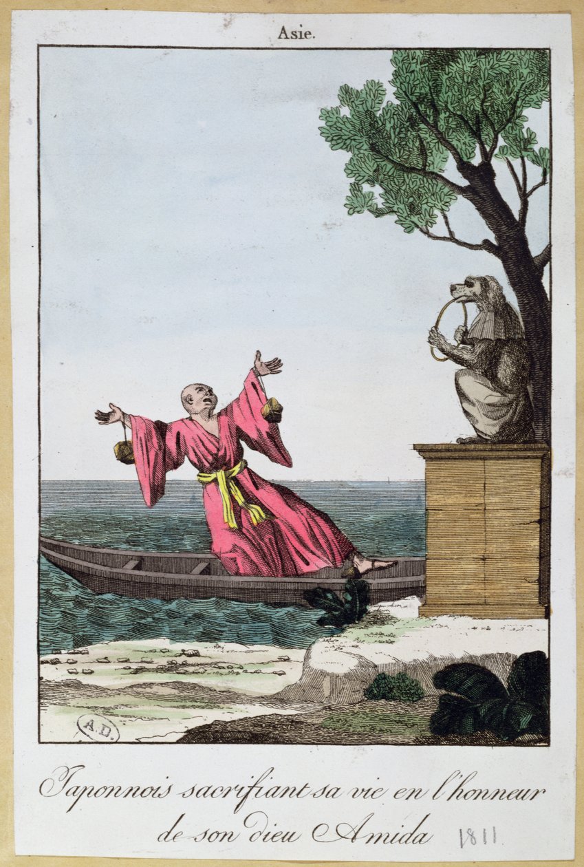 Japansk mand ofrer sit liv til ære for guden Amida, 1811 (farve litho af French School