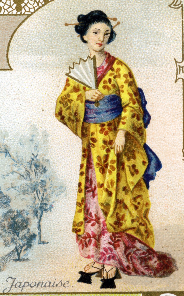 japansk kvinde. Udgave af det parisiske litografi, slutningen af det 19. århundrede. Serie af 25 reklamekromoer til Dijon-fremstillingen af Biscuits Pernot, skabt i 1869. Detalje af karaktererne i traditionel dragt af French School