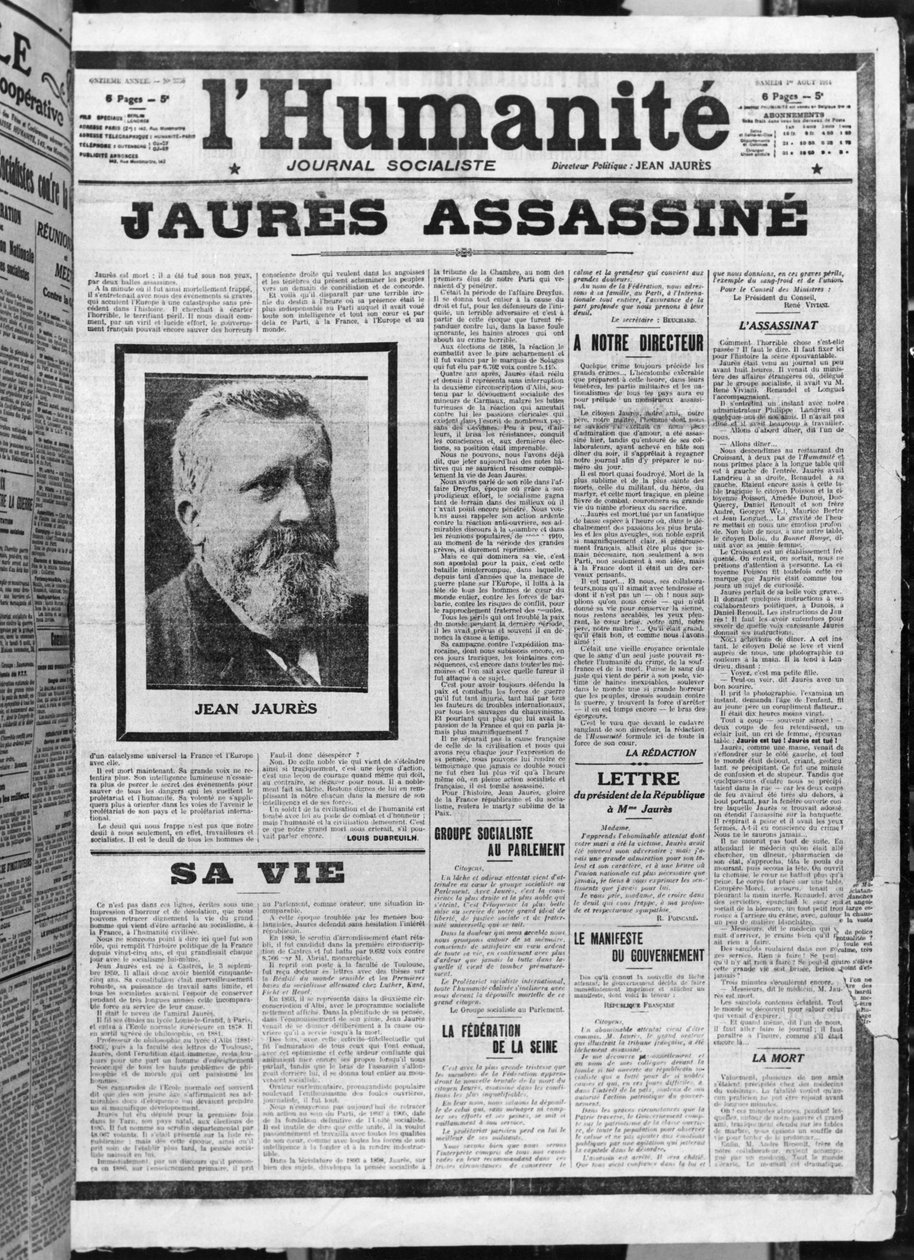Jaures myrdet, fra LHumanite, 1. august 1914 (photolitho) af French School