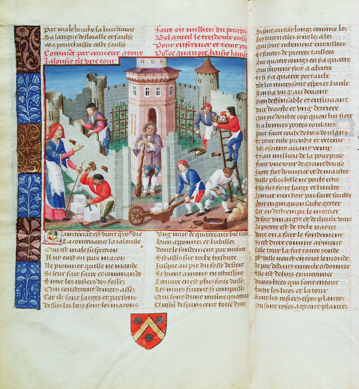 Jalousi rejser en fæstning, fra Roman de la Rose (gouache på pergament) af French School