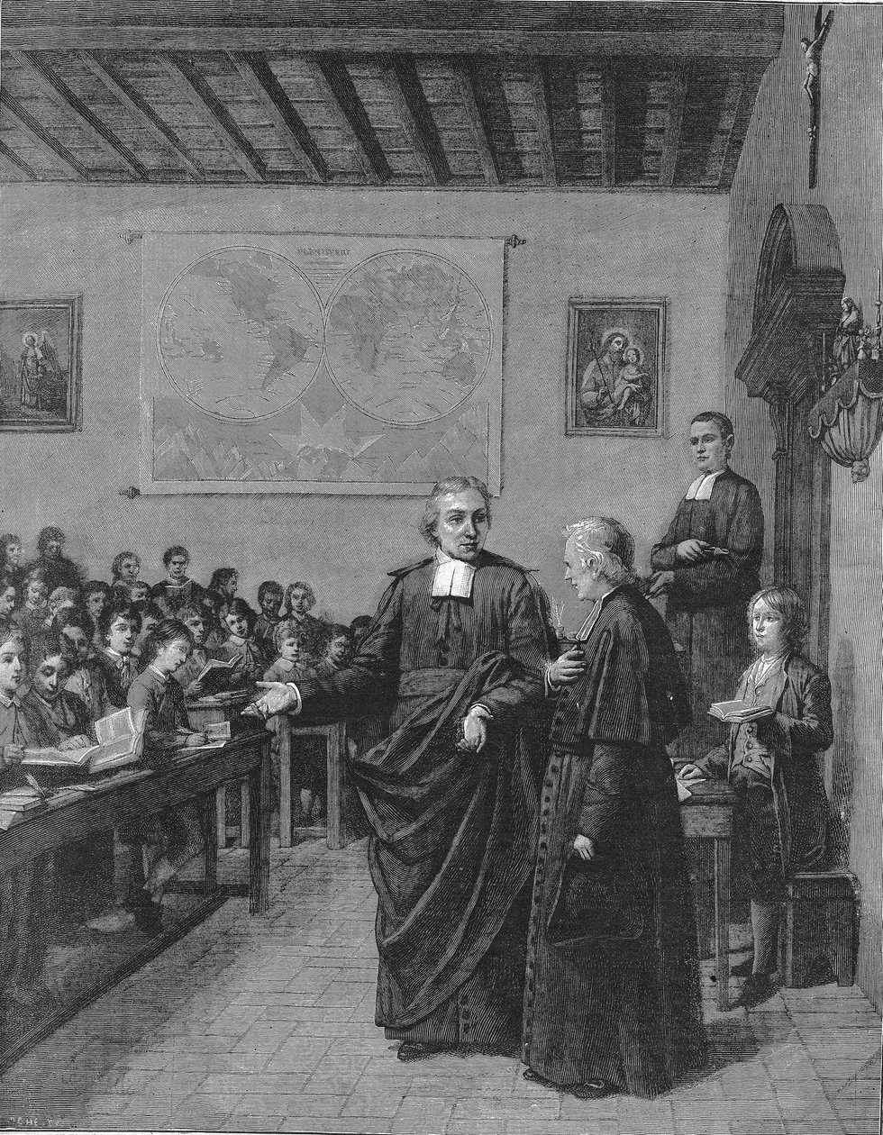 Jean Baptiste De La Salle (Jean-Baptiste) 1651-1719 Fransk religiøs, grundlægger af kongregationen af brødrene til de kristne skoler, viser en af sine skoler til M de La Chetardie. Stik fra slutningen af 1800-tallet. af French School