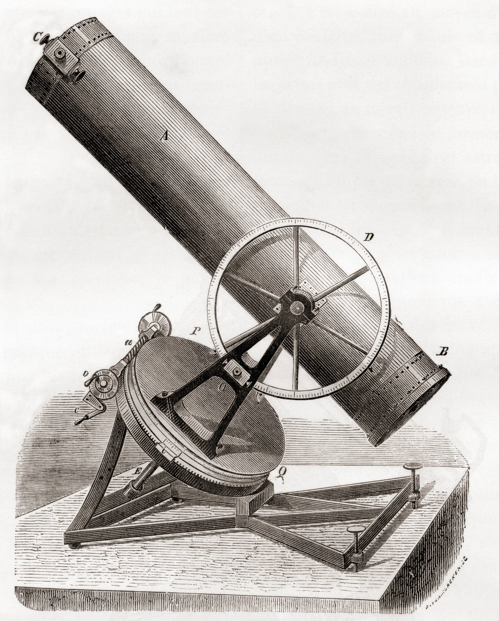 Jean Bernard Léon Foucaults spejlreflekterende teleskop på en ækvatorial montering, efter en tegning fra det 19. århundrede, fra Les Merveilles de la Science, udgivet ca. 1870 (gravering) af French School