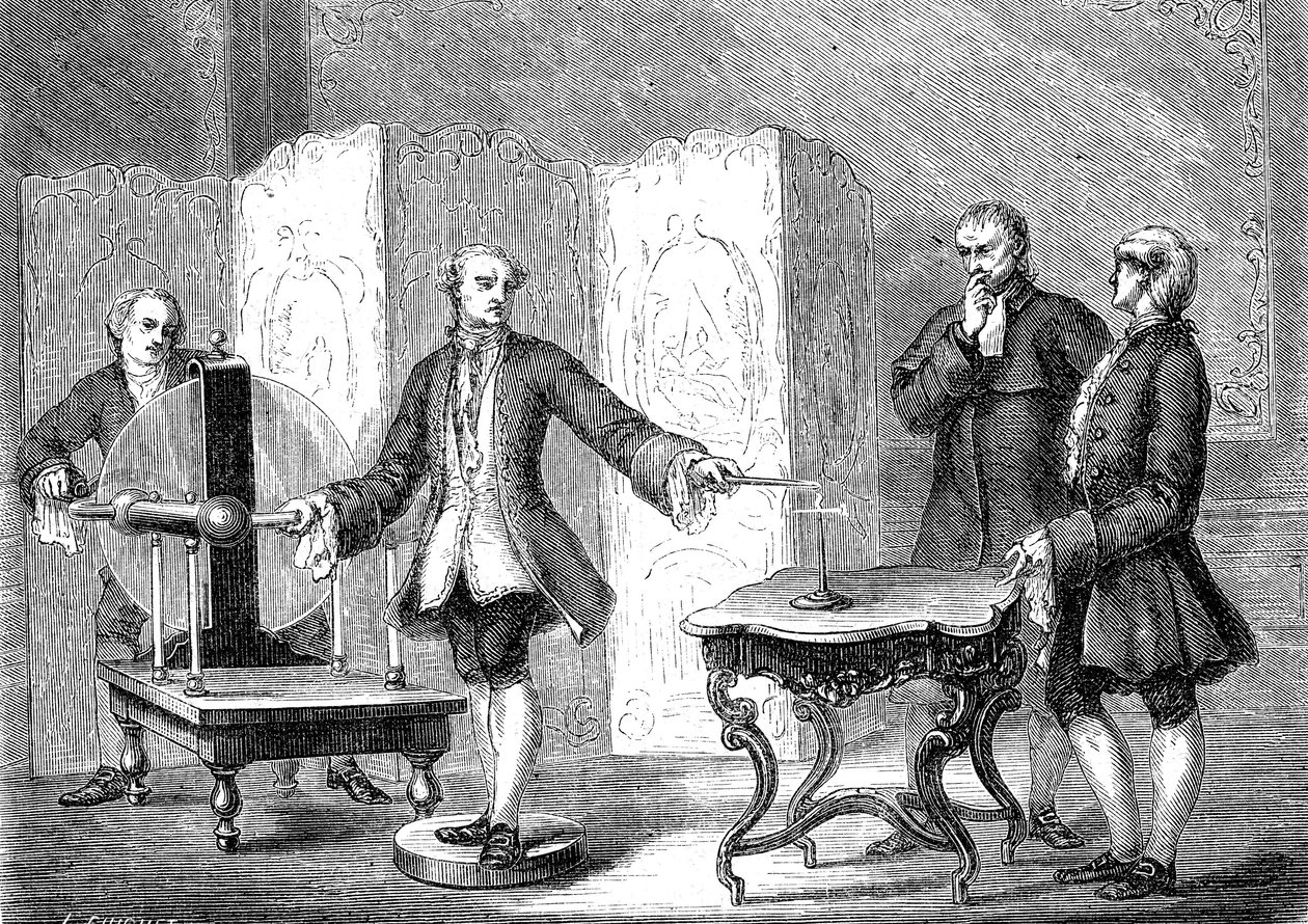 Jean JALLABERT (1712-1768), sveitsiläinen fyysikko, löytää sähköliitin terävistä esineistä (FRANKLINin Power of the Pointe). kaiverrus 1867 af French School