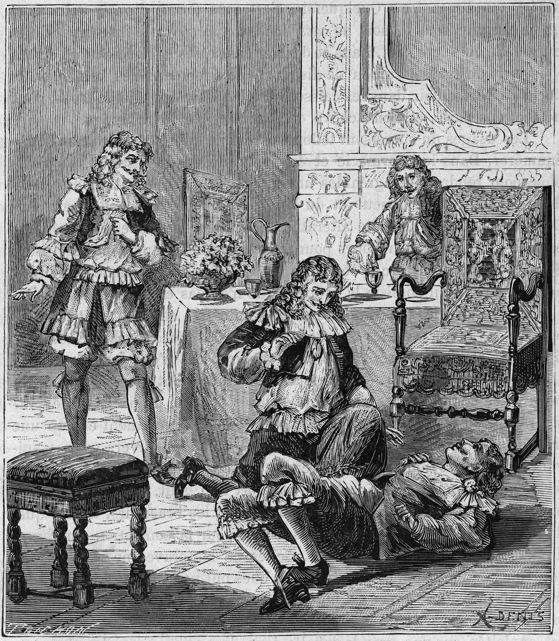 Jean de SANTEUL (Santeuil) (1630-1697) forgifter med et glas vin, hvori tobak fra Spanien var blevet puttet - Indgravering i "Videnskaber gjort tilgængelige for alle - fysik og kemi"" af Alexis Clerc - Slutningen af det 19. århundrede - Privat samling af French School