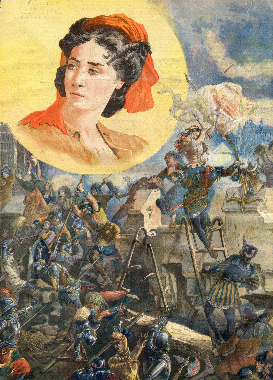 Jeanne Laisne (1456-?), kendt som Jeanne Fourquet, med tilnavnet Jeanne Hachette Heroine francaise - Jeanne Hachette ved belejringen af ​​Beauvais 1472 - Illustration til Le petit Journal, 8. januar 1894 af French School