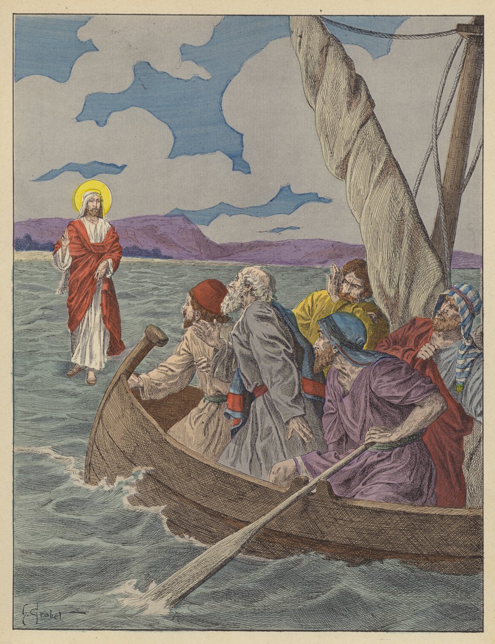 Jesus Kristus går på vandet (farvelitografi) af French School