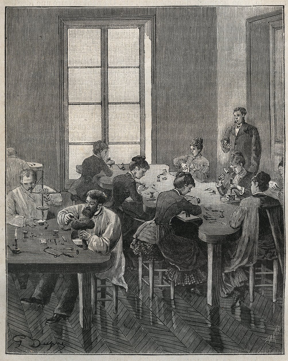 Smykkeværksted i Paris i det 19. århundrede. Indgravering fra 1885 i "" Les arts et metiers illustres"" af Adolphe BITARD. af French School