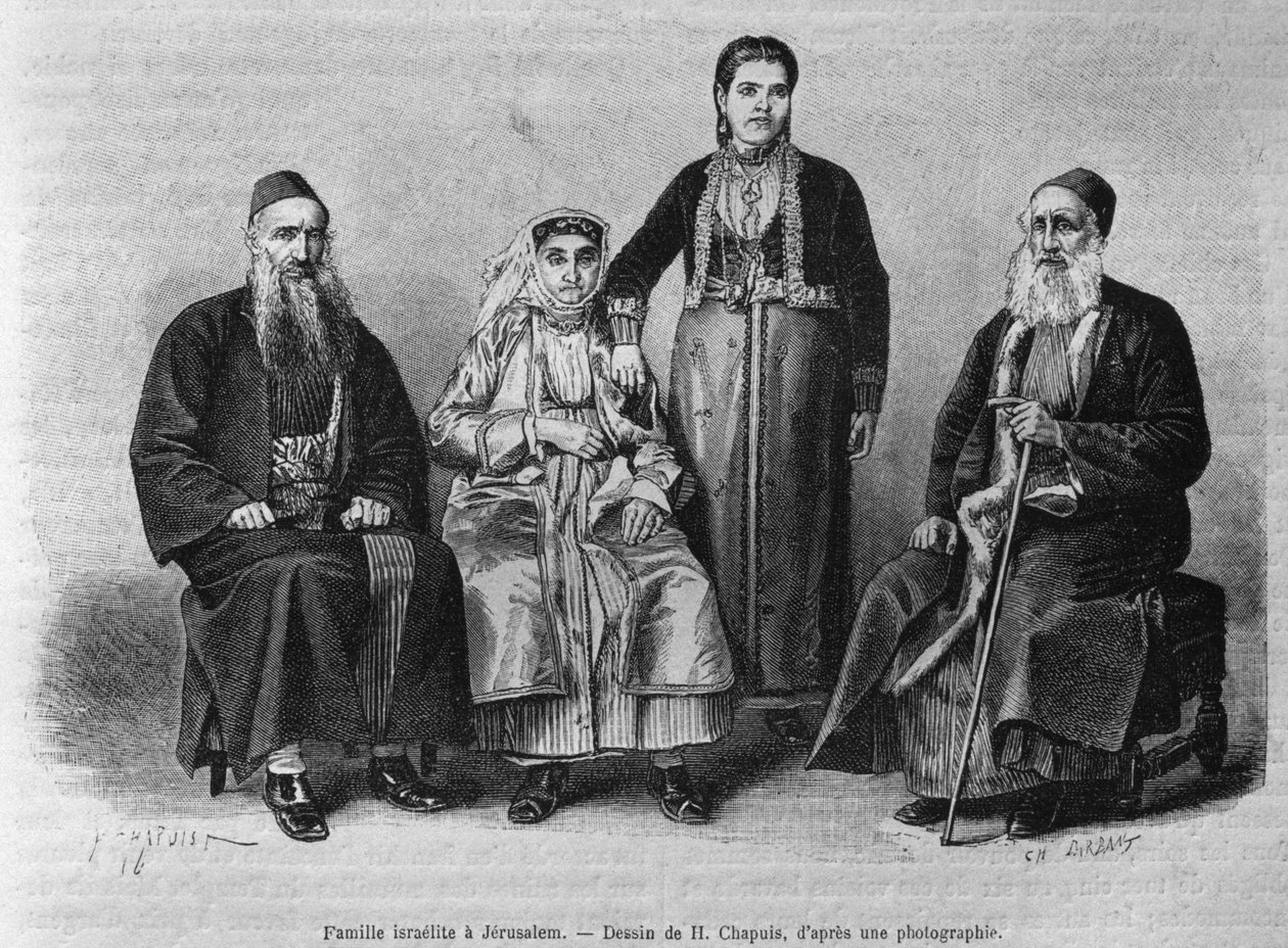 Jødisk familie i Jerusalem, fra Syrien i dag. Rejser i Fønikien, Libanon og Judæa. 1875-1880 af Louis Charles Emile Lortet, 1884 (bw gravering) af French School