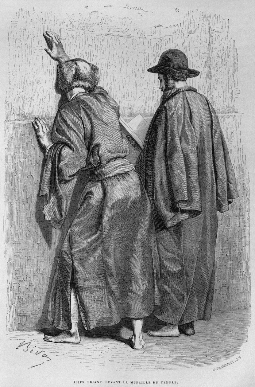 Jødiske mænd ved Grædemuren, fra Syrien i dag. Rejser i Fønikien, Libanon og Judæa. 1875-1880 af Louis Charles Emile Lortet, 1884 (bw gravering) af French School
