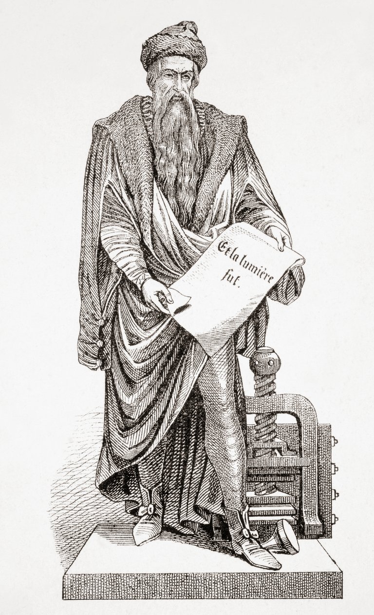 Johannes Gutenberg, fra Ancient and Modern Universal History, udgivet i Strasbourg ca. 1860 (gravering) af French School