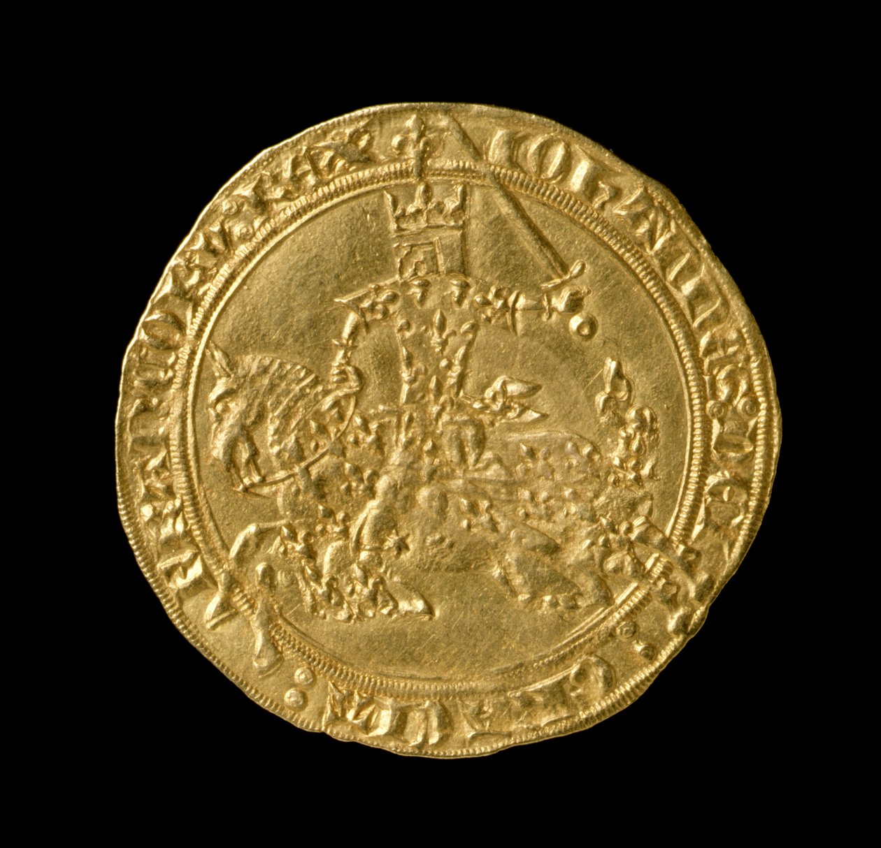 Johannes II Den Gode (1319-64) Konge af Frankrig, Franc a Cheval, 1350-64 (forside) (guld) (for bagside se 168068) af French School