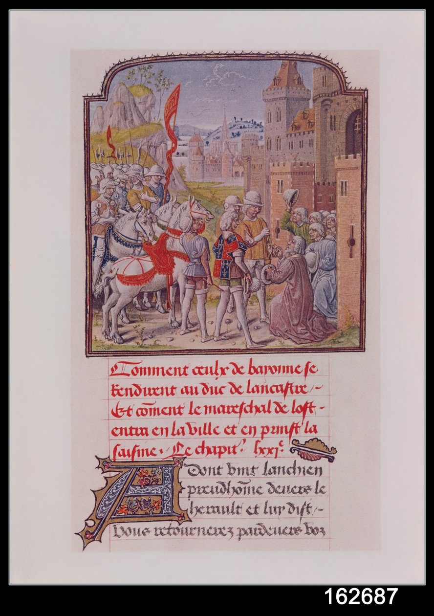 John of Gaunt bliver modtaget af borgerne i Bayonne ved byportene, fra Froissarts Chronicle, slutningen af det 15. århundrede af French School