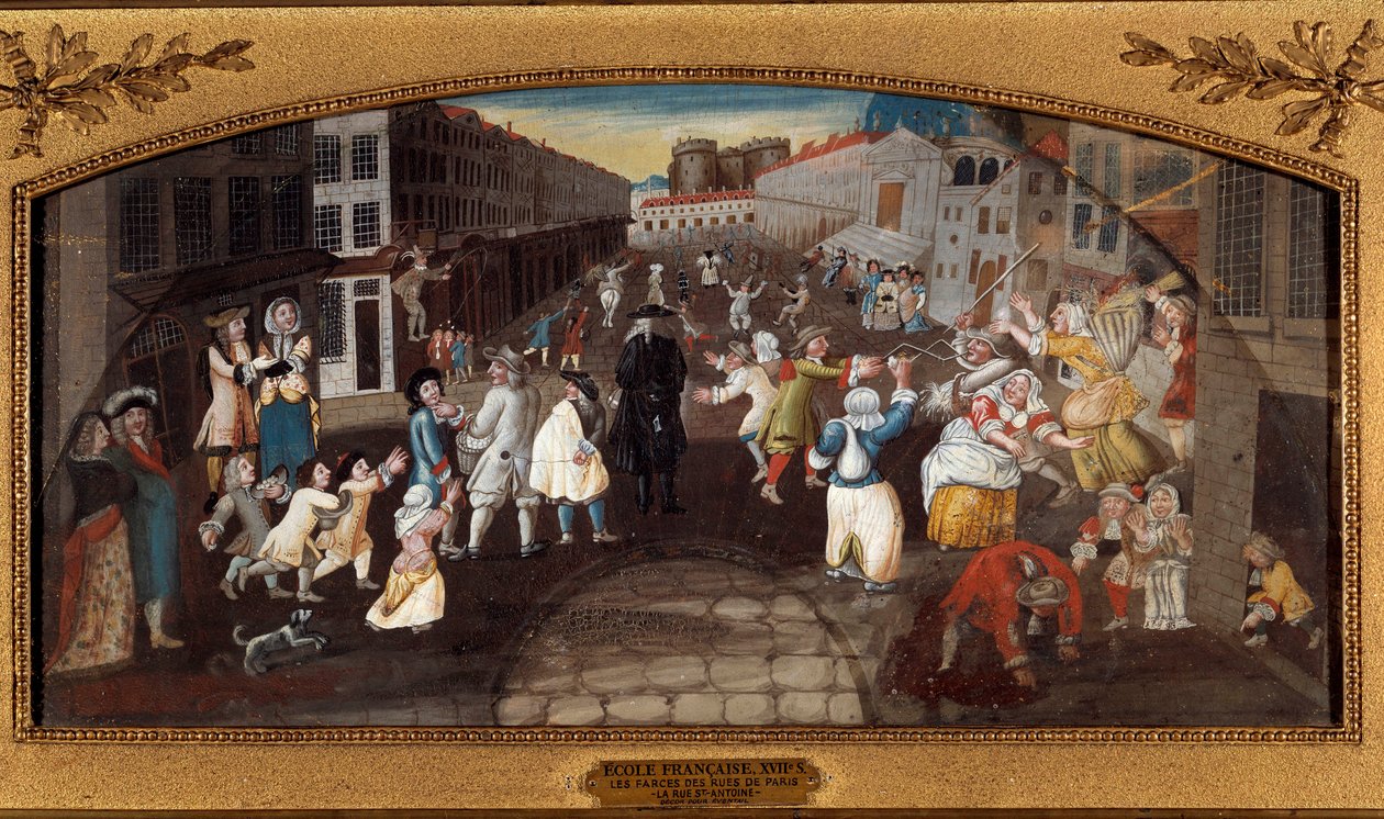 Jokes fra gaderne i Paris: Rue Saint-Antoine. - "" Les farces des rues de Paris: la rue du faubourg Saint Antoine a Paris"" Forbipasserende, voksne og børn, underholder og slås. I baggrunden ser vi Bastille-fængslet. Maleri (for de af French School