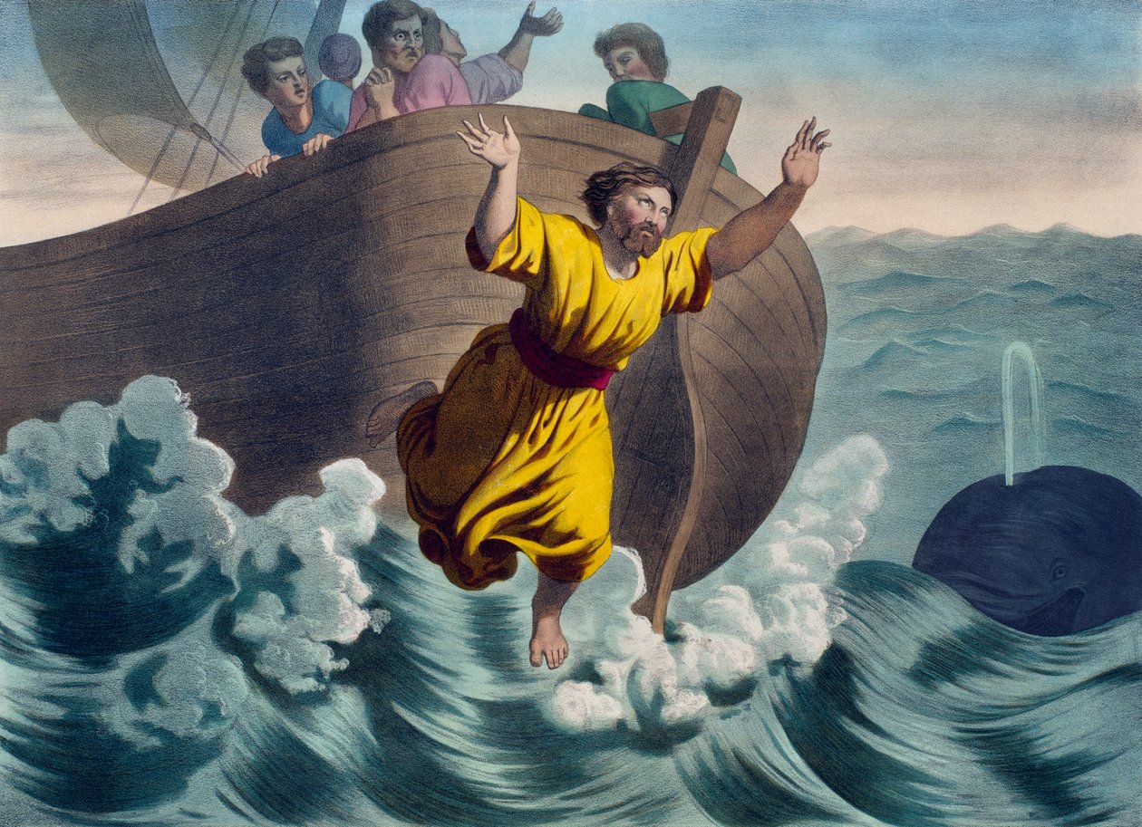 Jonah kastet i havet, illustration fra en katekismus LHistoire Sainte, udgivet af Charles Delagrave, Paris, slutningen af det 19. århundrede af French School