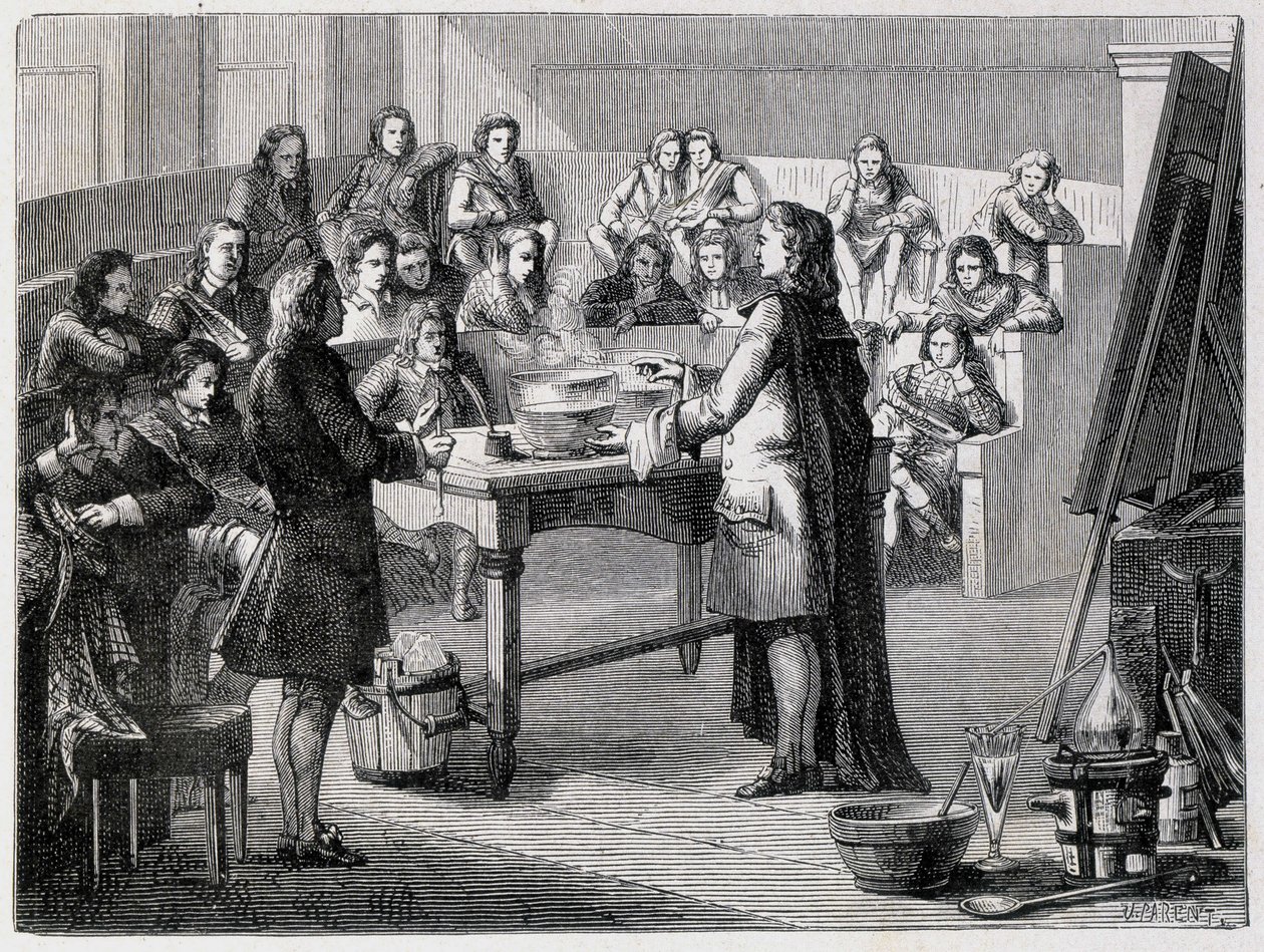Joseph Black (1728 - 1799), britisk kemiker og fysiker, oplever den latente kalorieindhold før de studerende på University of Glascow af French School