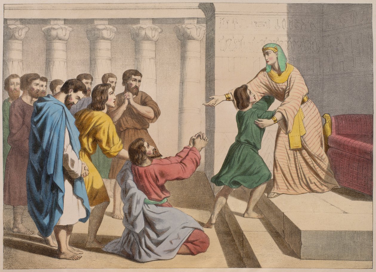 Joseph lader sig genkende af sine brødre, illustration fra en katekismus LHistoire Sainte, udgivet af Charles Delagrave, Paris, slutningen af det 19. århundrede af French School