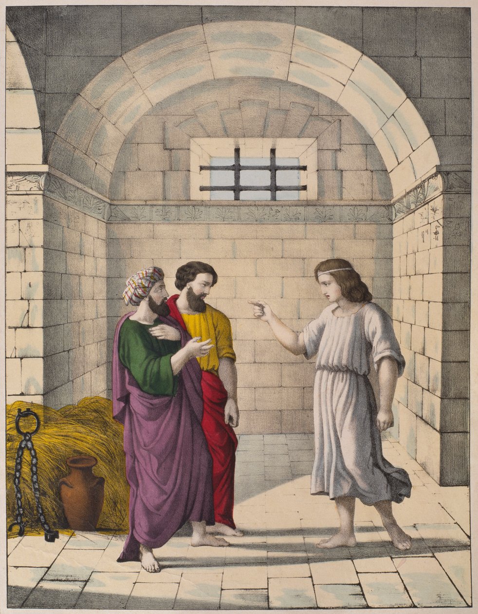 Joseph i fængsel, der forklarer chefbagerens og hovedhovmesterens drømme, illustration fra en katekismus LHistoire Sainte, udgivet af Charles Delagrave, Paris, slutningen af det 19. århundrede af French School