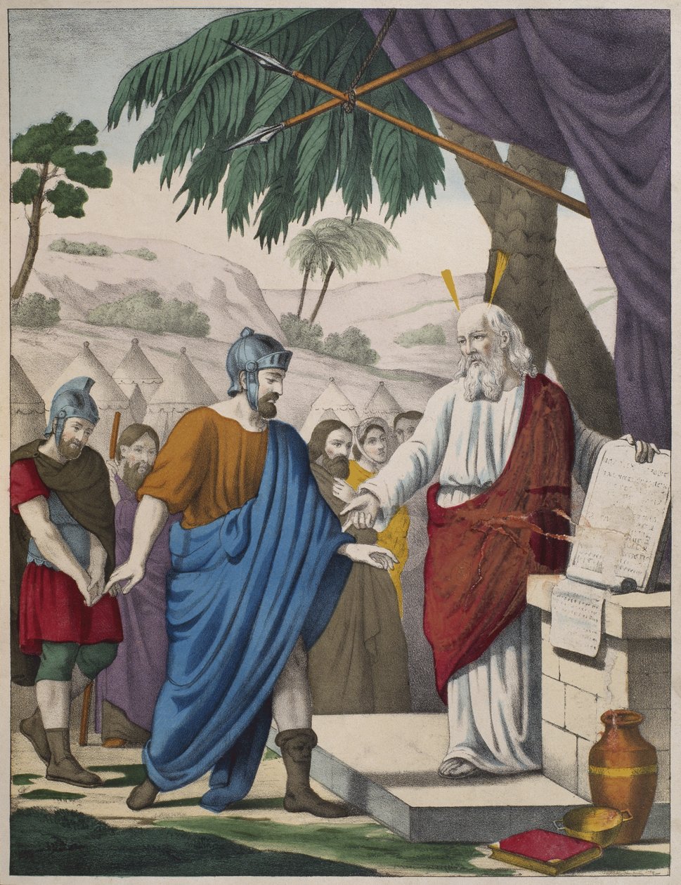 Joshua udpeget af Moses til hans efterfølger, illustration fra en katekismus LHistoire Sainte, udgivet af Charles Delagrave, Paris, slutningen af det 19. århundrede af French School