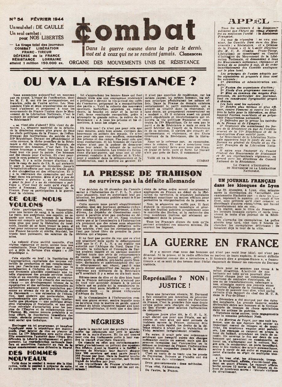 Journal COMBAT - nummer 54 - februar 1944 - organ for de forenede modstandsbevægelser. (hemmelig avis) - Hvor vil modstanden tage hen af French School