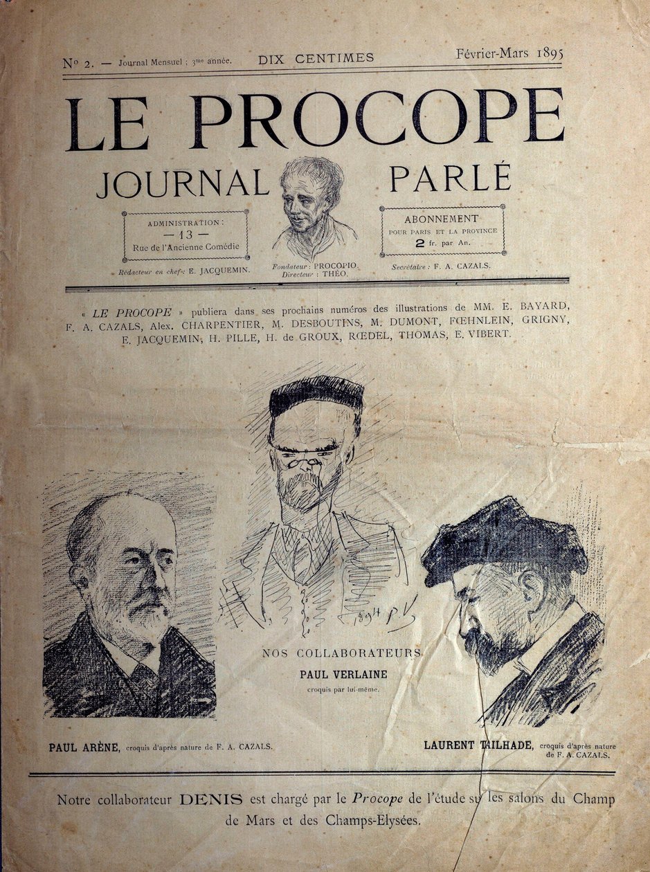 Journal du Proope, Parisisk cafe, februar 1895: portrætter af de franske digtere Paul Verlaine, Paul Arene og Laurent Tailhade. af French School