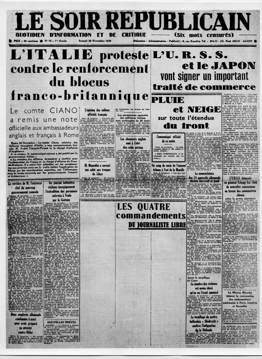 Journalistik. Pressens censur under krigen: hvide spalter til artiklen med titlen "Den frie journalists fire bud"". Overskrifterne: "Italien protesterer mod styrkelsen af den fransk-britiske blokade", USSR og Japan vil underskrive en i af French School