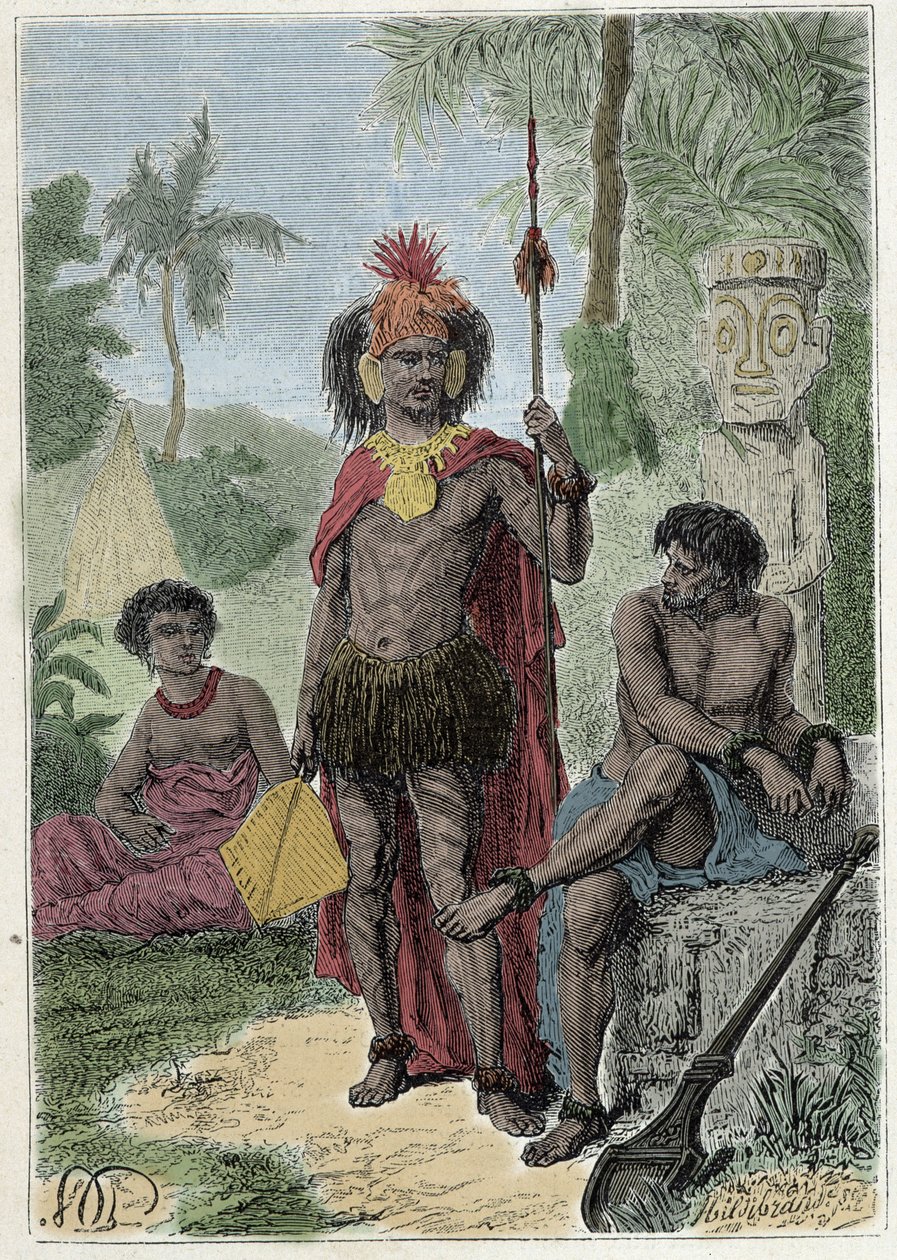 Kaptajn James Cooks rejse (1728-1779): indfødte på Marquesas-øerne - illustration taget fra "The Great Mariners of the 18th century"" af French School
