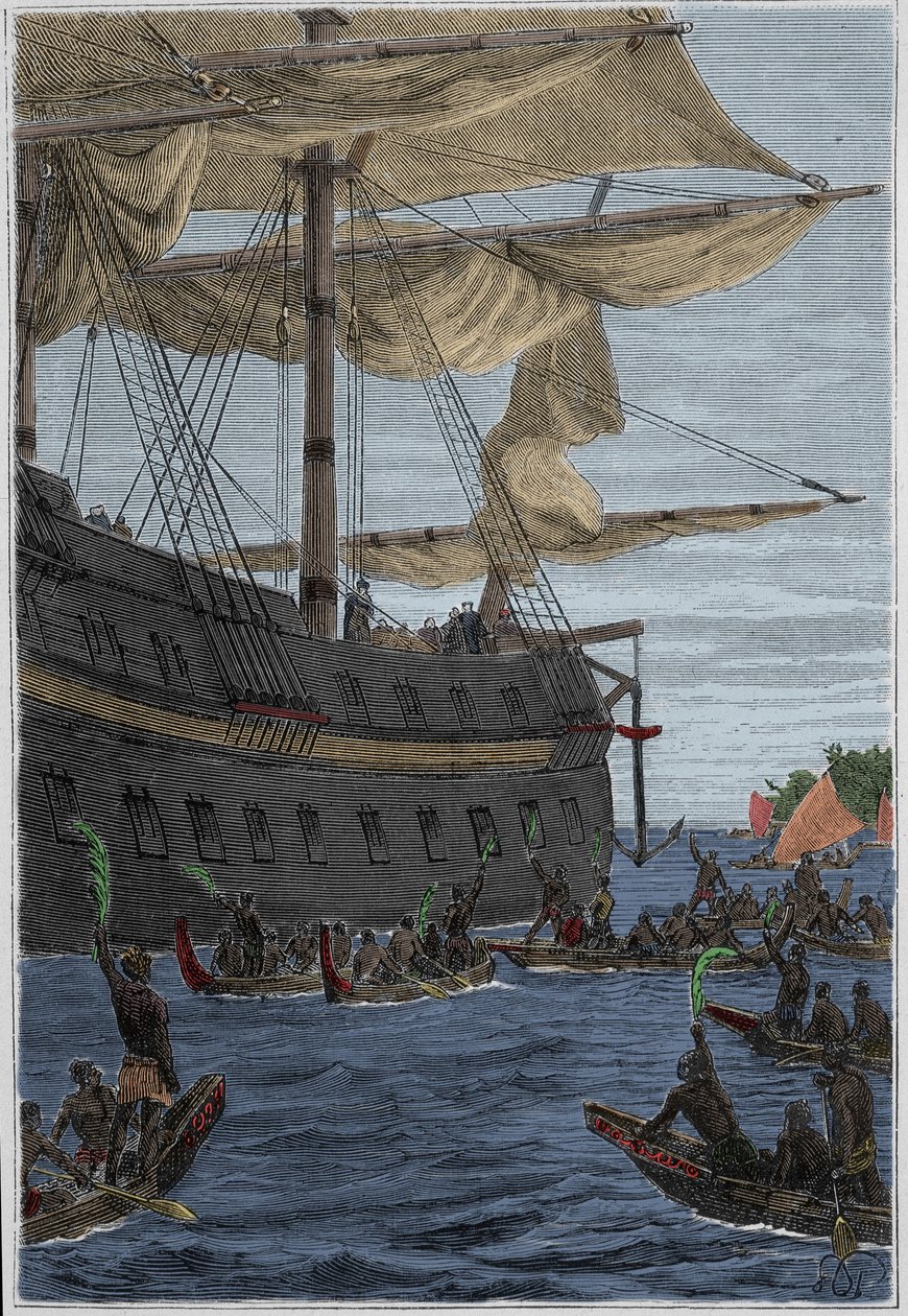Samuel Wallis (1728-1795) rejse til Polynesien: indfødte folk holder banangrene i hånden som en velkomsthilsen - illustration taget fra "The Great Mariners of the 18th century"" af French School