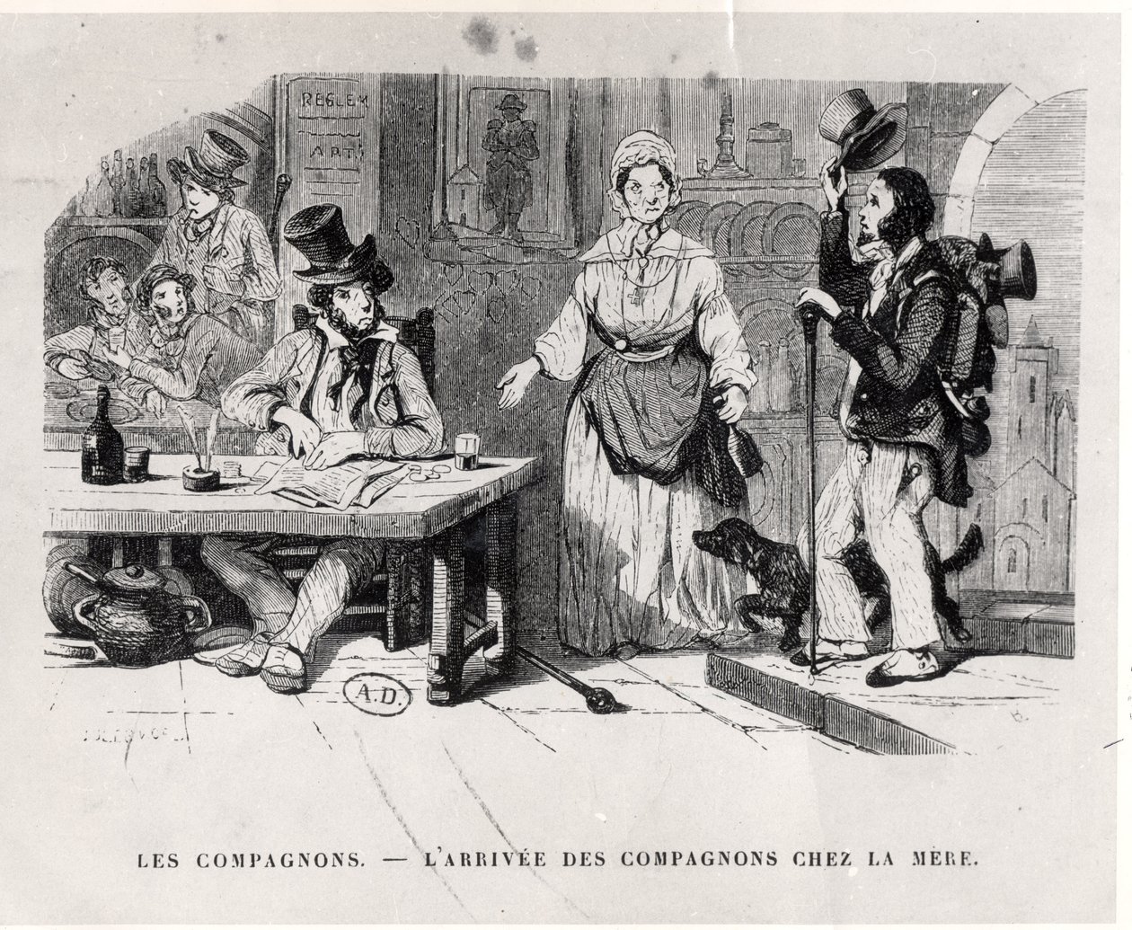 Rejsemand, der ankommer til et pensionat, ca. 1850 af French School
