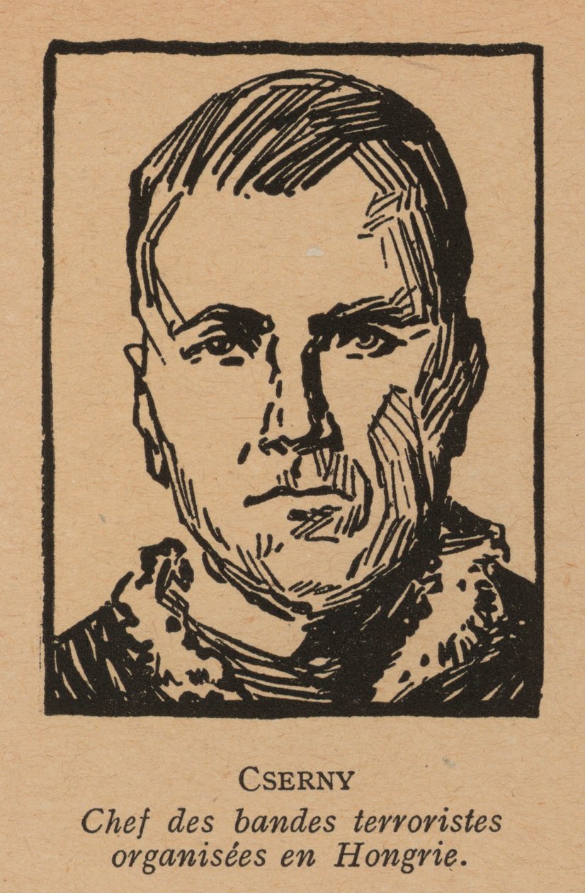 Jozsef Cserny, ungarsk kommunistisk revolutionær og leder af Lenin-drengene, der håndhævede den røde terror under den ungarske sovjetrepublik i 1919 (litografi). af French School