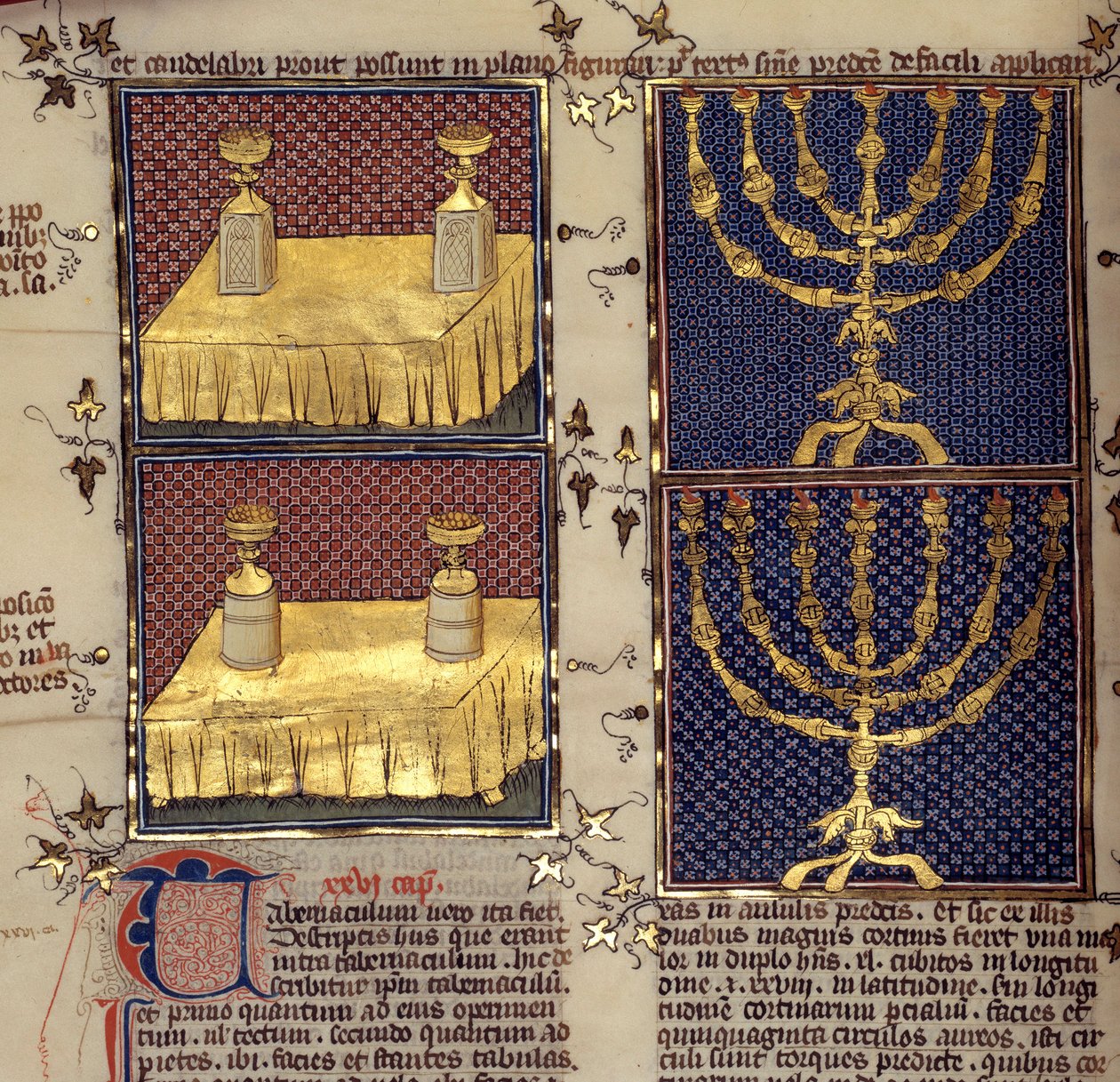 Jødedom: "" forslagsborde og lysestager brugt i hebraiske ritualer""" Miniature taget fra "" Biblens kommentarer"" af Nicholas de la Lyra (1200-tallet) af French School