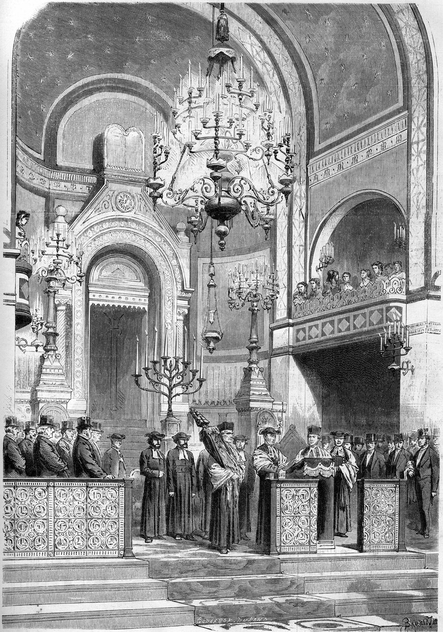 Jødedom: højtidelig modtagelse af overrabbineren i Paris, Zadoc Kahn (1839-1905), i synagogen på rue Notre Dame de Nazareth, 13. januar 1869. Overrabbineren indskrev ""Bønnen for kejseren"". Indgravering i ""The Illustrious World"" nr. 615 af 23 ja af French School