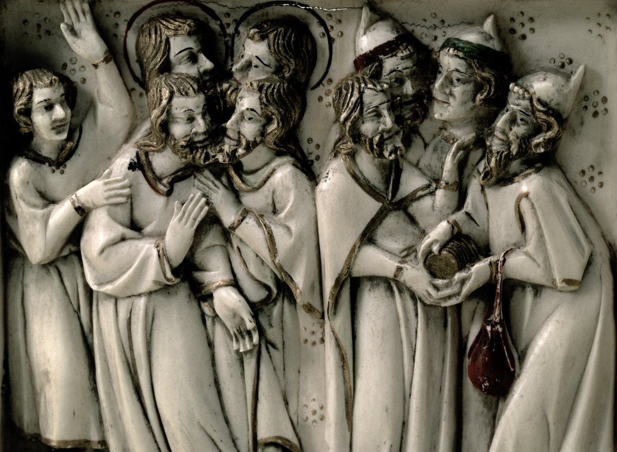 Judas modtager tredive stykker sølv, detalje af elfenbensdiptykon, fransk af French School