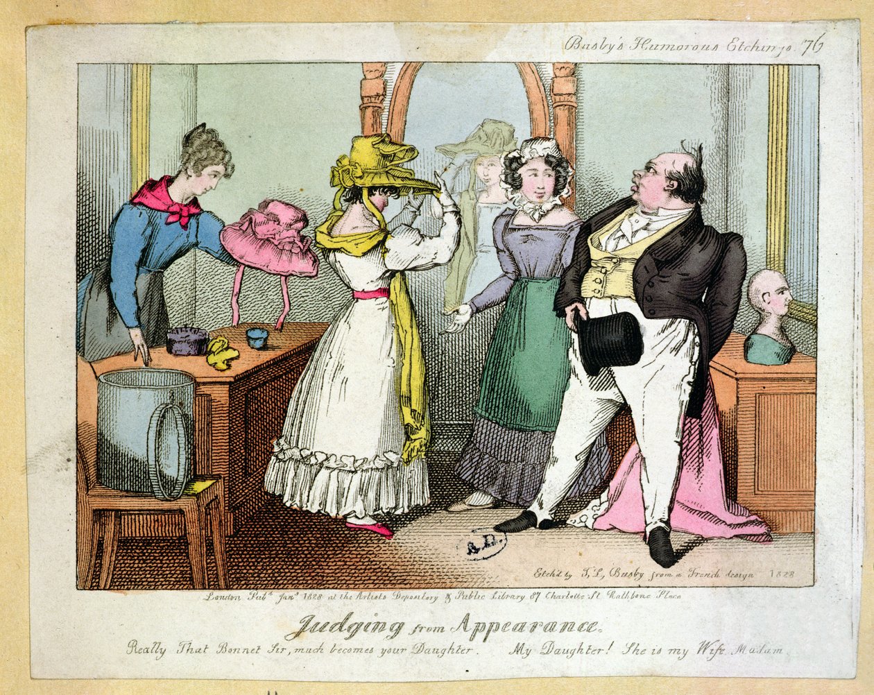 Ud fra udseendet at dømme, nummer 76 af Busbys Humoristiske Raderinger, indgraveret af Thomas Busby (fl.1804-21) 1828 af French School