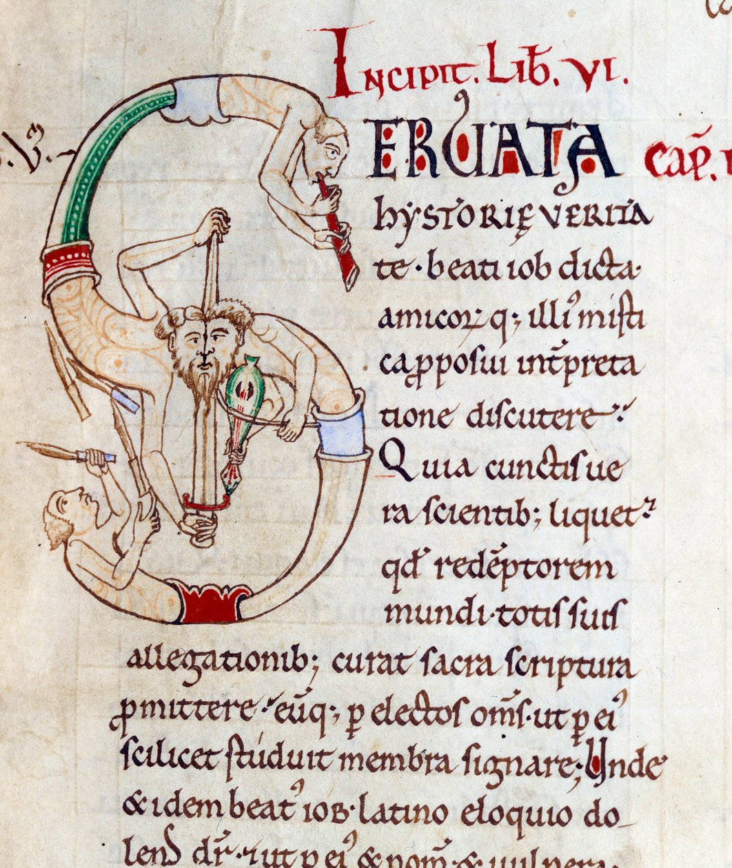 Jonglører og musikere - lettrine S (initial). Miniature fra manuskriptet "Moralia in Job", Morales sur Job af Saint Gregoire, fra klosteret i Citeaux. af French School