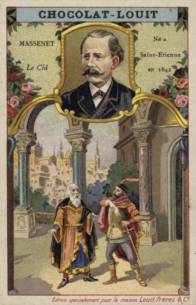 Jules Massenet, fransk komponist, og en scene fra hans opera Le Cid (chromolitho) af French School