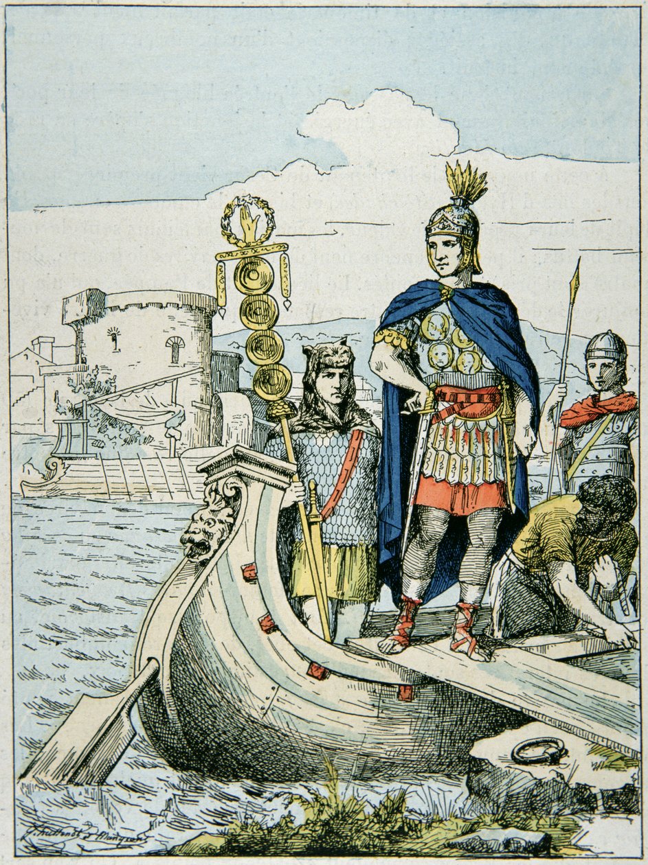 Julius Cæsar sætter sig for at straffe pirater, der holdt ham for løsesum (farve litho) af French School