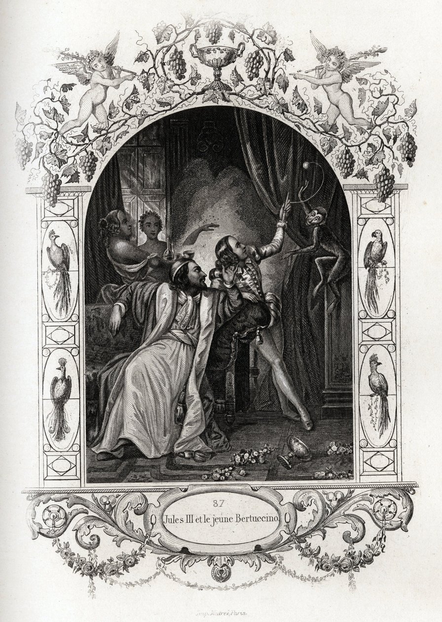 Julius III (julius eller Iulius eller Giulio) (pave fra 1550 til 1555) og den unge Bertuccino, abeshowet. Gravering til illustration af Histoire des popes af Maurice Lachatre (1814-1900), librairie du progres, Paris. af French School