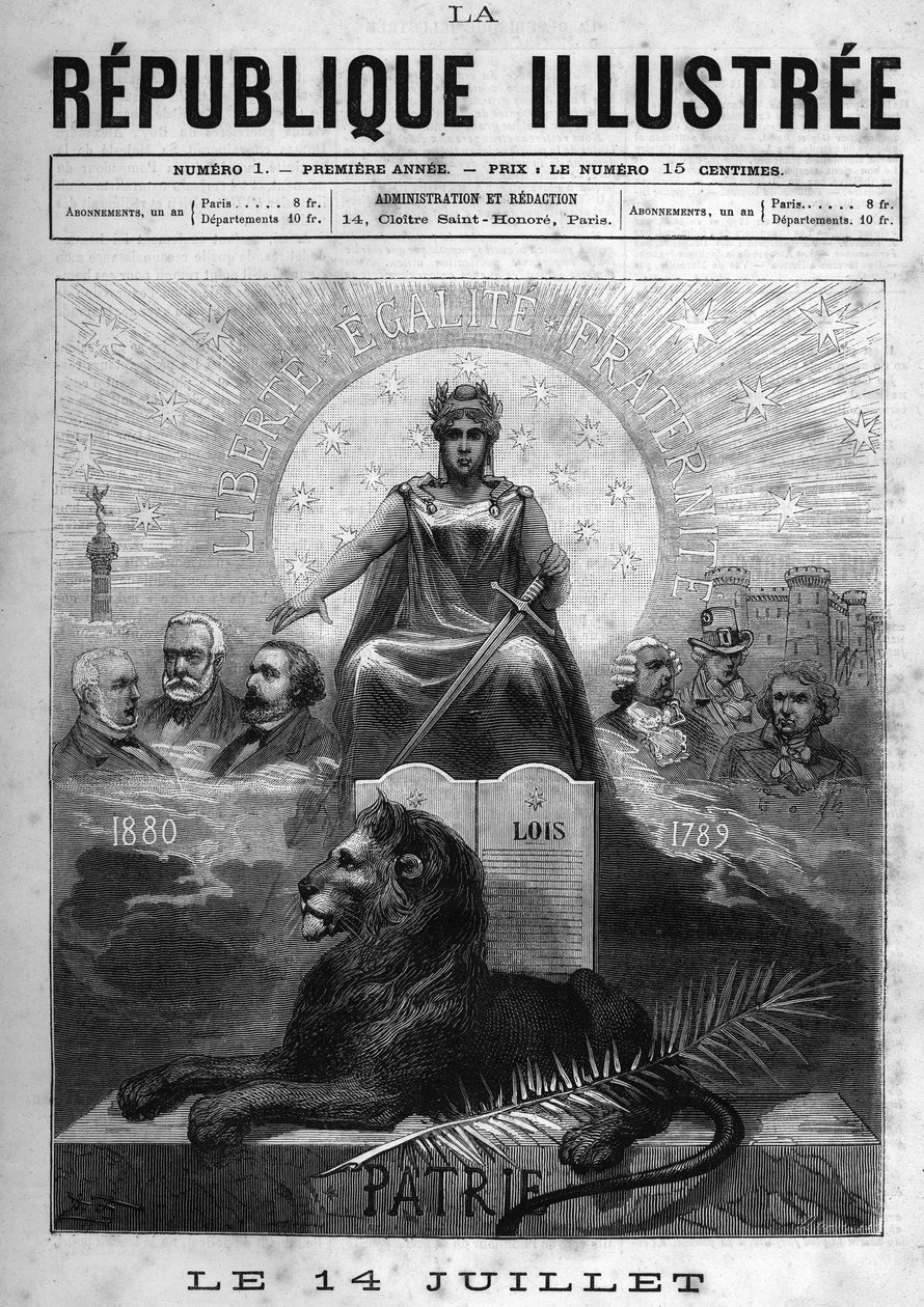 14. juli: Allegorie de la Republique Francaise. En kvinde kronet med laurbær og holder et sværd. Ved hans fødder en løve, en håndflade og lovenes bord. Over det, republikkens motto "" Liberte, Equality, Fraternity "". På oddsene, intellektuelle og politisk af French School