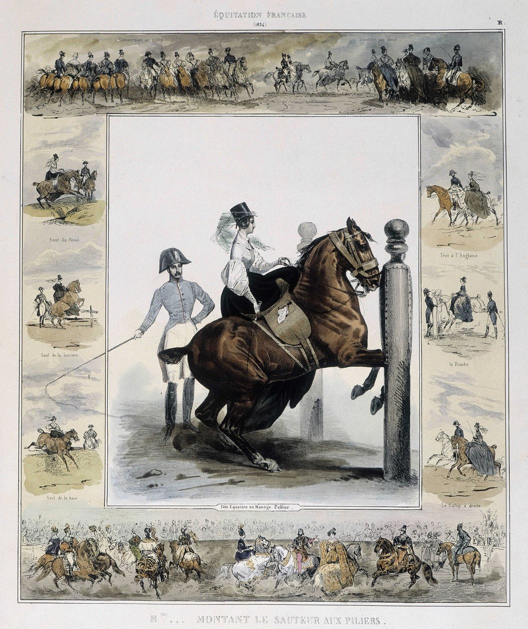 Springning i "Malerisk historie om gammel og moderne ridning" af Charles Aubry af French School