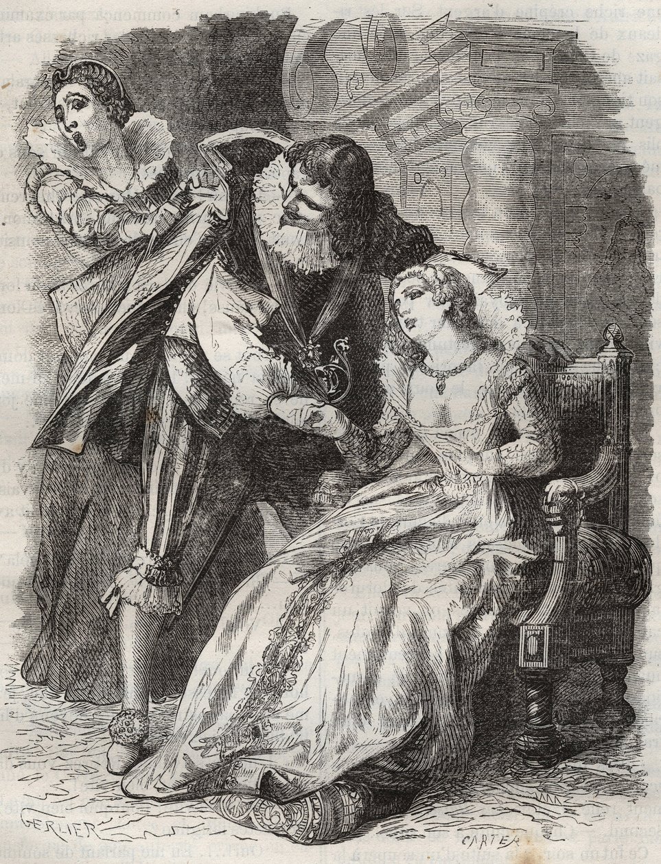 Hopper som en rasende og griber hertugen i hans frakke... Dronning af Frankrig Anne af Østrig (1601-1666) og hertugen af Buckingham (George Villiers af French School