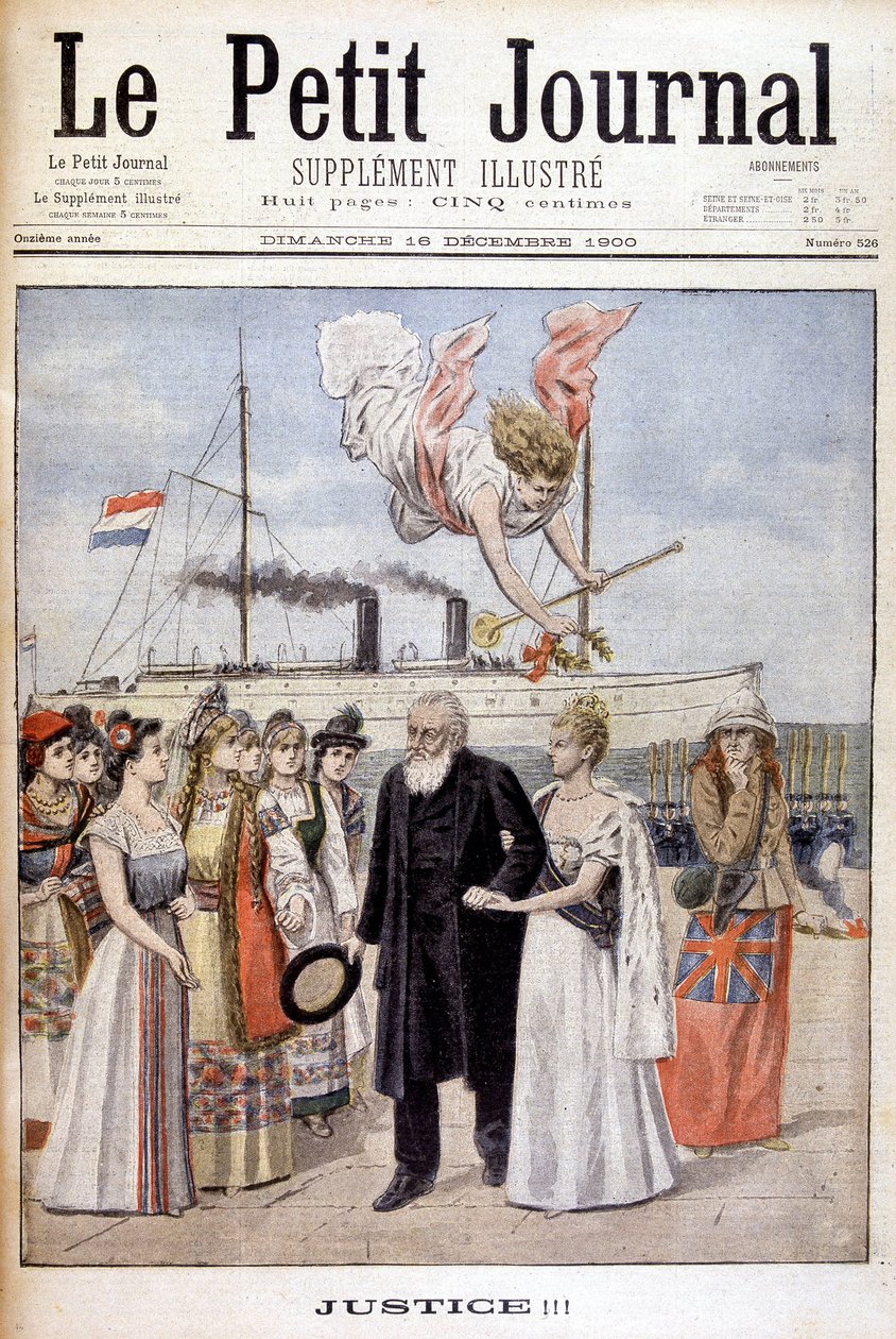 Retfærdighed! : Præsident Kruger kommer for at forsvare sit folks sag i Holland, til dronning Wilhelmine - i "Le Petit Journal" af 16/12/1900 (gravering) af French School
