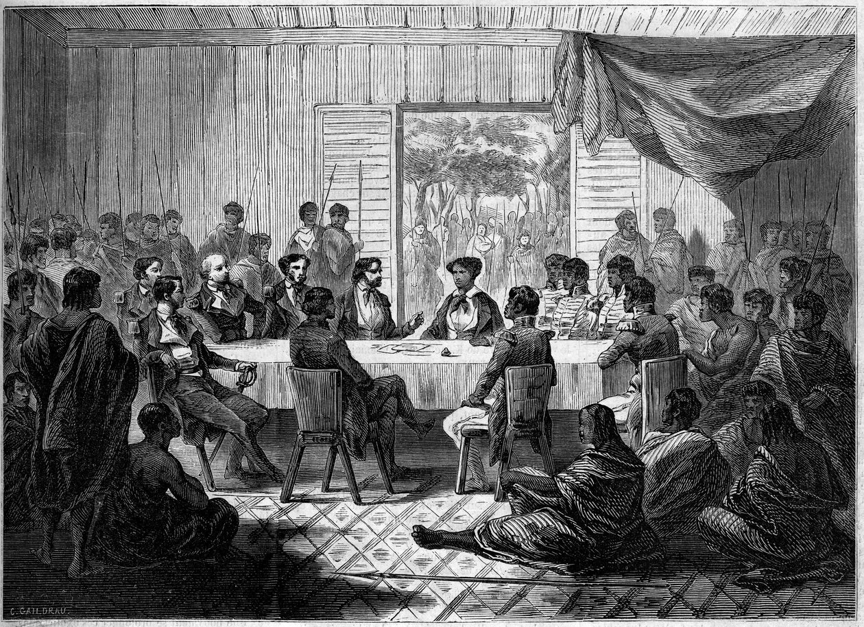 Khabar (møde) med franske officerer og madagaskiske høvdinge, der repræsenterer dronning Ranavalo Manja e (Ranavalona). Madagaskar af French School