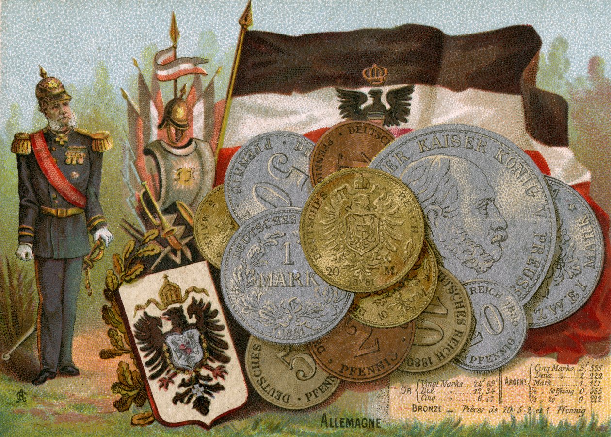 Kaiser Wilhelm I stående ved siden af Kongeriget Preussens flag og en udstilling af tyske tyske mark, ca. 1890 af French School