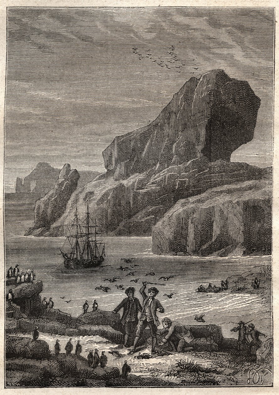 Kerguelen-øerne. Illustration til The Great Navigators of the Attende Century af Jules Verne - James Cook aux Iles de Kerguelen en 1776 (øgruppen Kerguelen eller Iles de la Desolation) - i "The Voyageurs of the 18th and 19th Century - illustration af French School