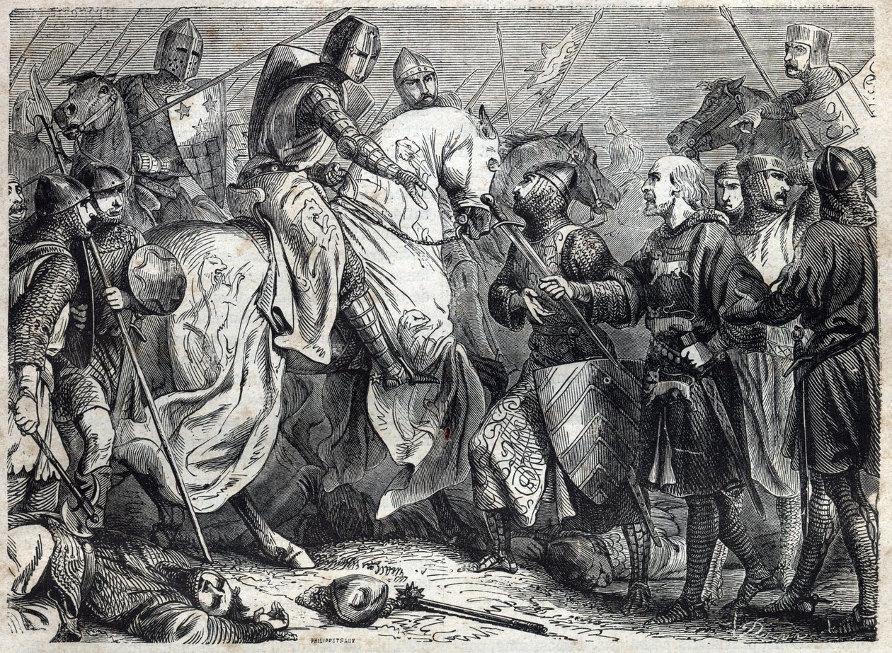 Kong Alfonso V den Storsindede (v. 1396-1458), konge af Aragon, erobrer kongeriget Napoli. Indgravering i "" Pavernes historie (...) Dronningekongens og kejsernes forbrydelser gennem århundrederne" af Maurice Lachatre af French School